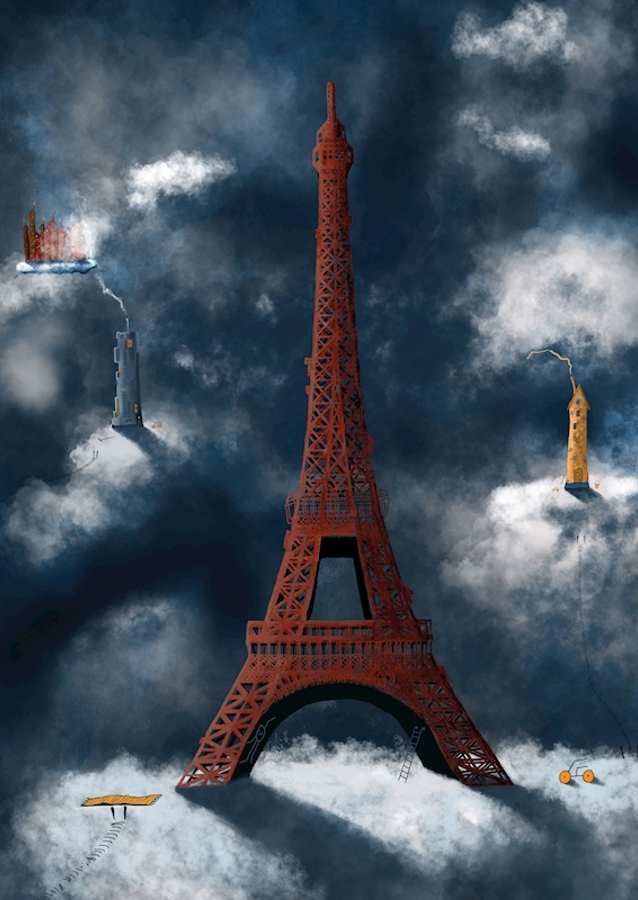 Wieża Eiffla czerwona na chmurach