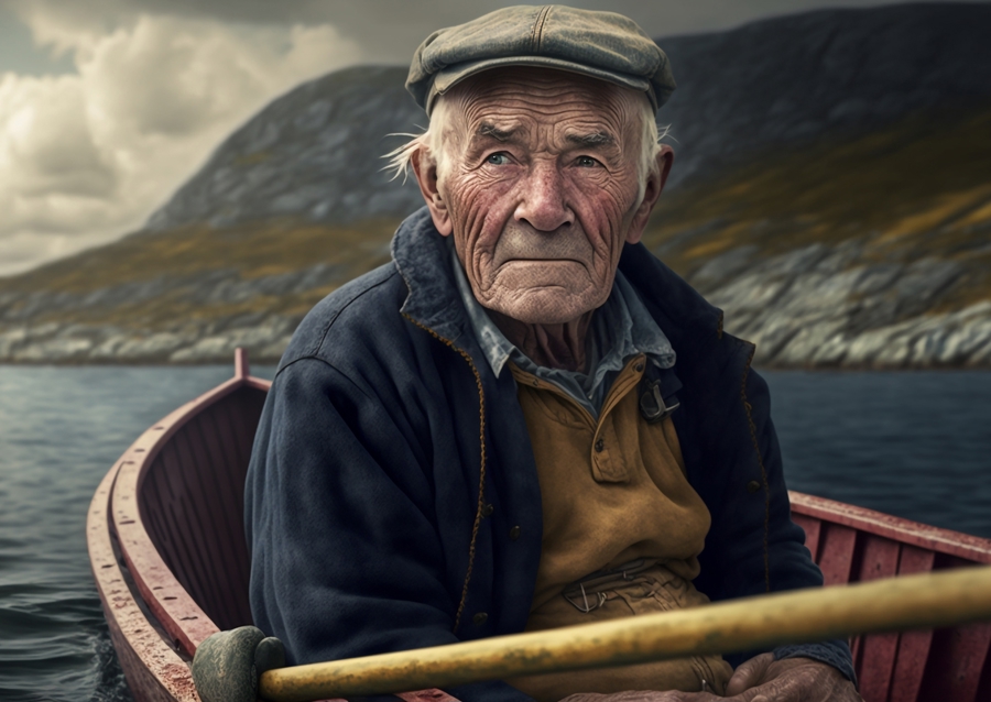 Gammel man i sin fiskebåt