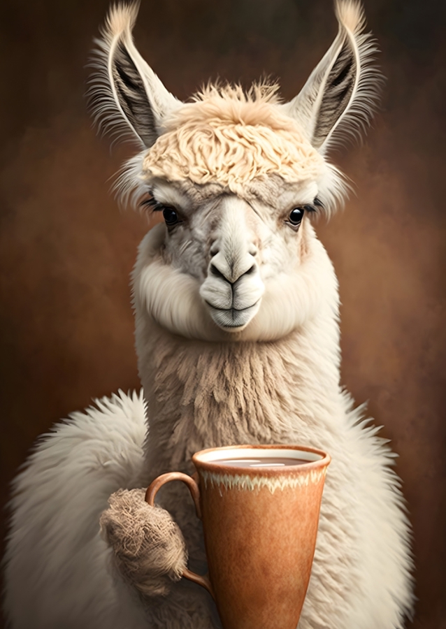 Llama drinks coffee