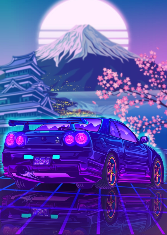 Skyline Gtr R34 Synthwave Fuji affiches et impressions par Ilham