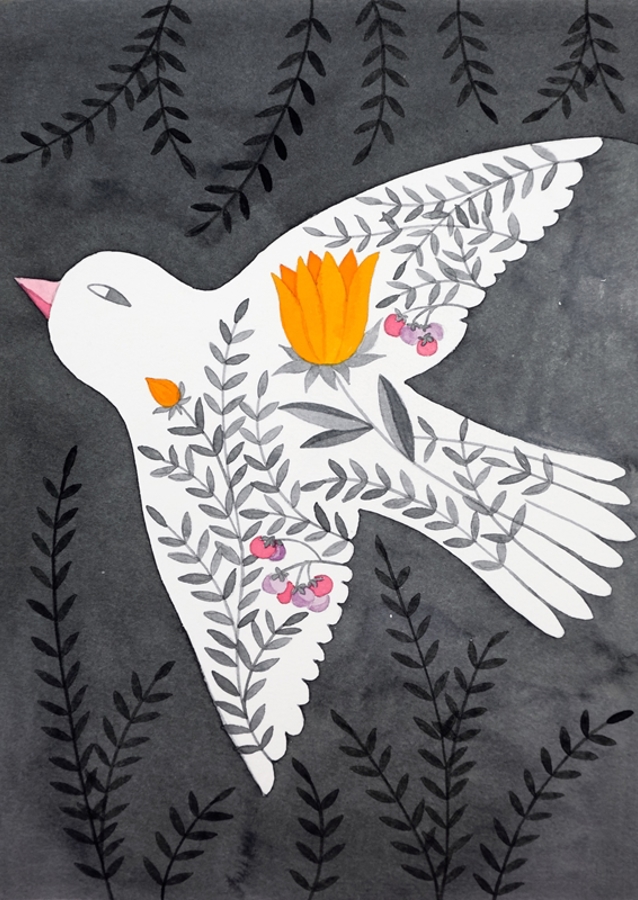 bird with flowers on gray