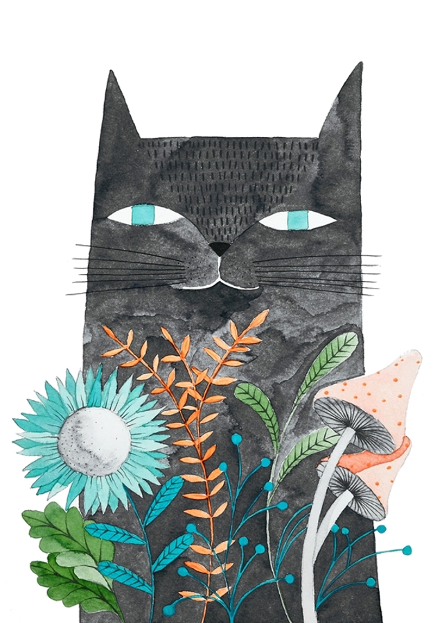 Grå kat med planter