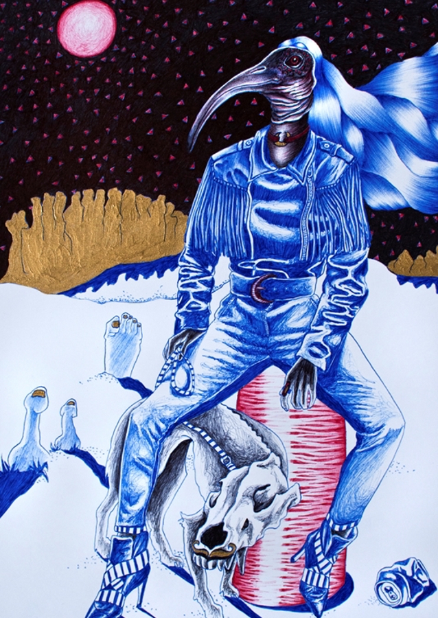 Ibis mit Haustier in Wüste