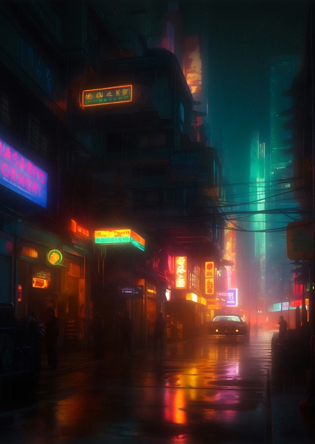 Una ciudad futurista iluminada con luces de neón 