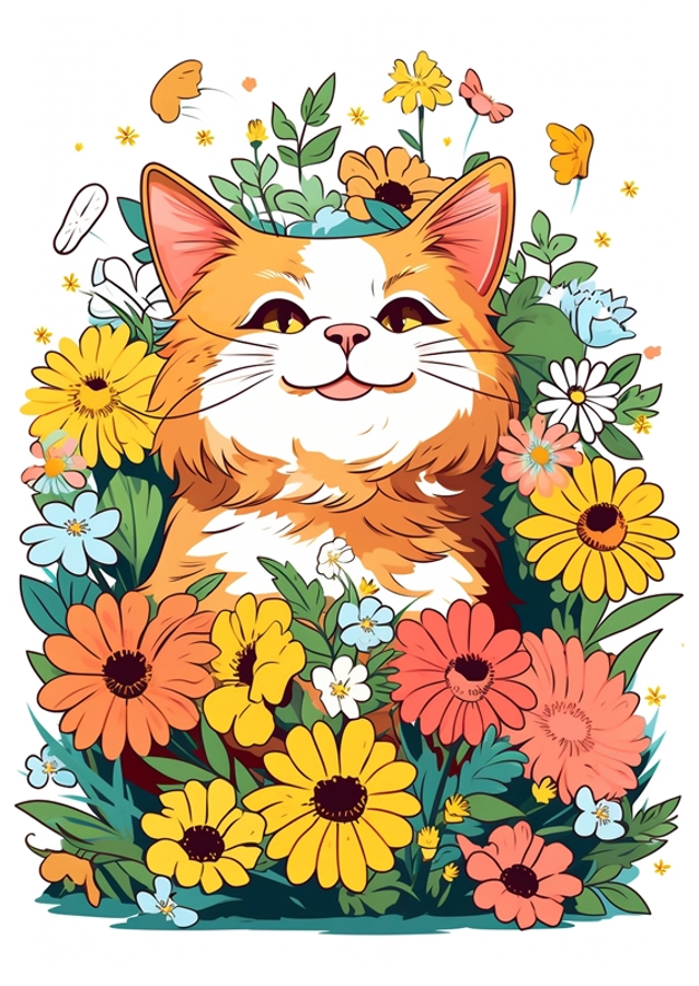 Gelukkige kat met bloemen
