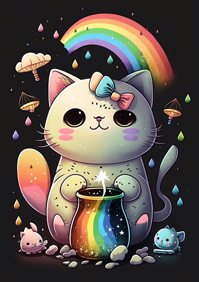 Gatto magico con arcobaleno