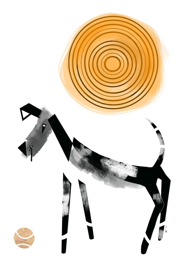 Dog with ball black and white