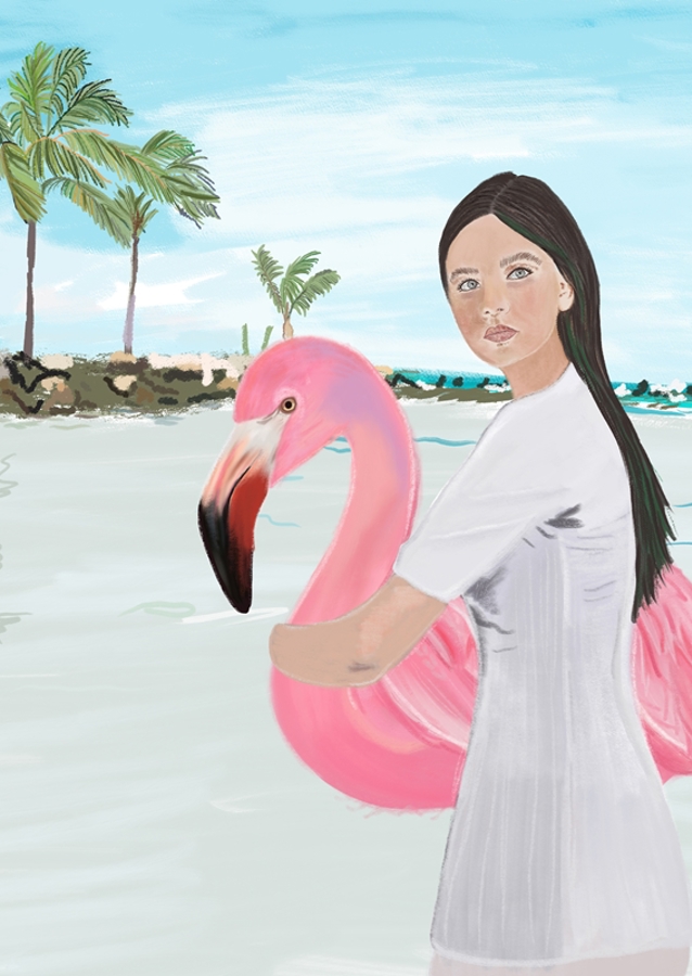 Flamingo und Mädchen am Strand von Aruba