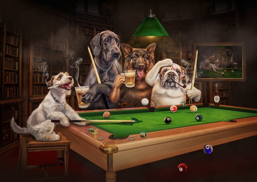 Cane divertente che gioca a biliardo