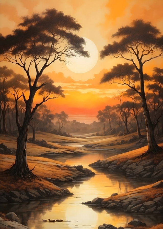 Landschap met bomen + rivier