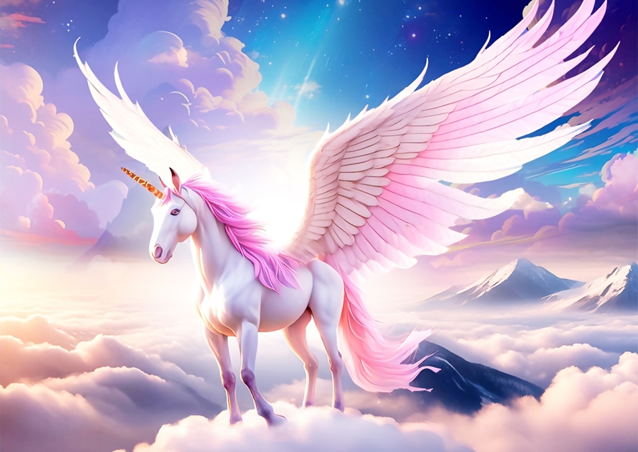Unicorno alato sulle nuvole