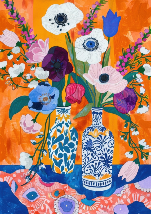 Flowers in patterned vases