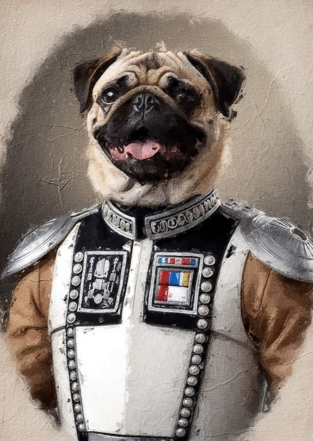 Pug con traje de comandante galáctico