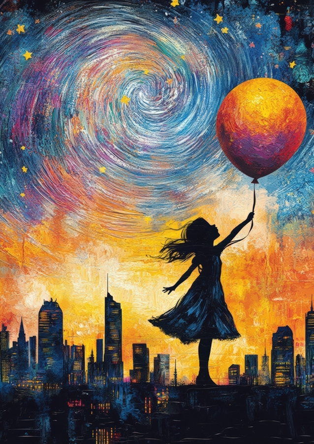 Das Mädchen mit dem Ballon in Richtung Weltraum