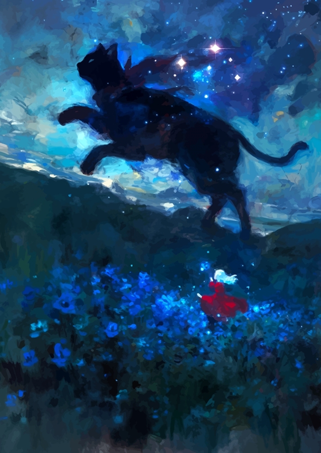 Menina perseguindo gato preto