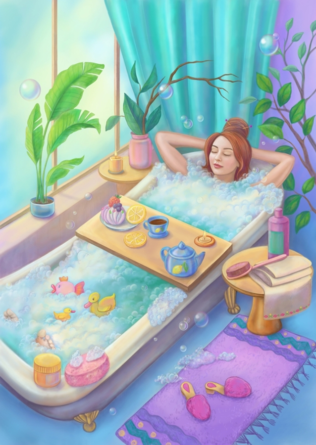 relaxing in a bubble bath