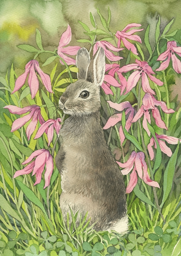 Rabbit among flowers and clove