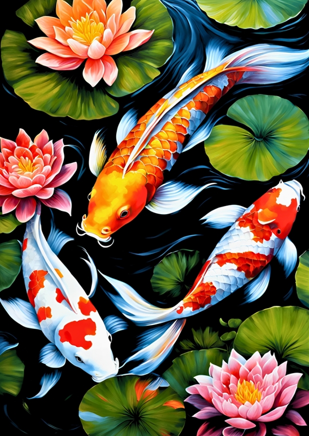 Koi Fish and Lotus Flowers