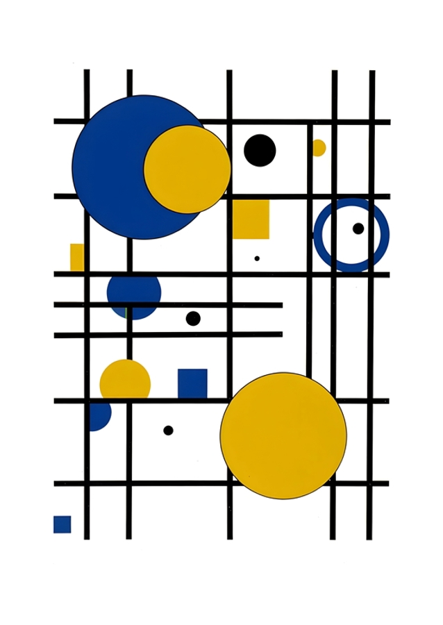 Geometrická hra v modré a žluté barvě