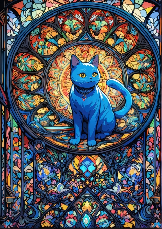 Blaue Katze in Buntglaskunst