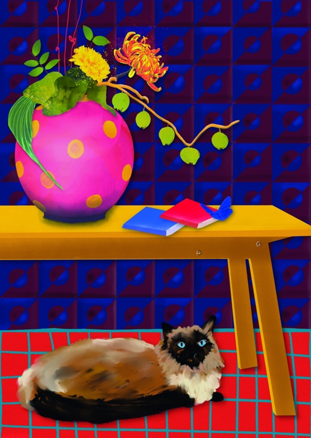 Cat Under the Table - Flowers