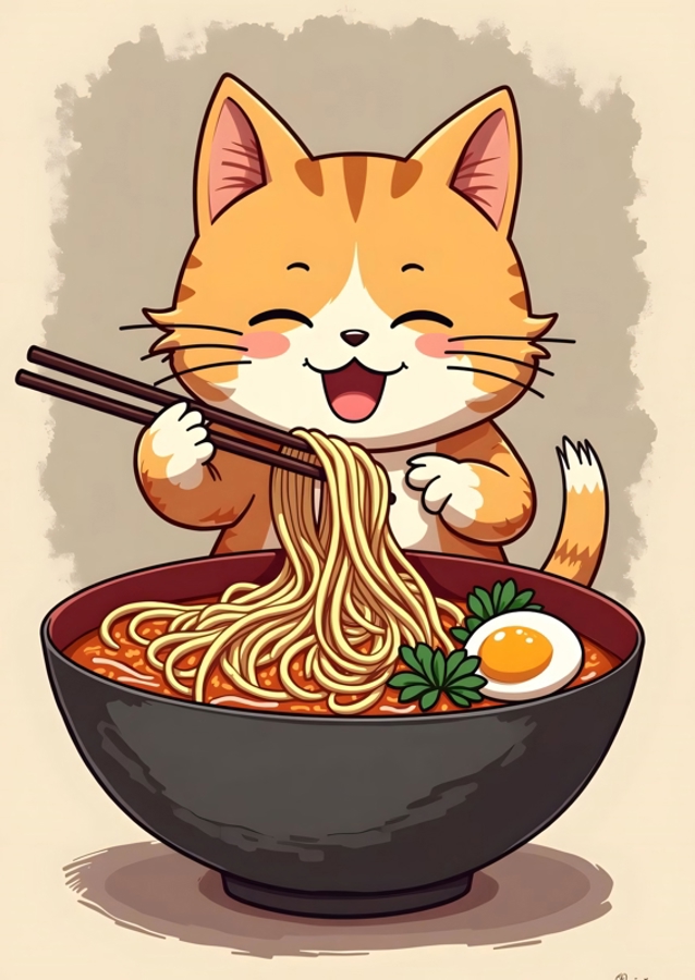 Katze isst Ramen-Nudeln