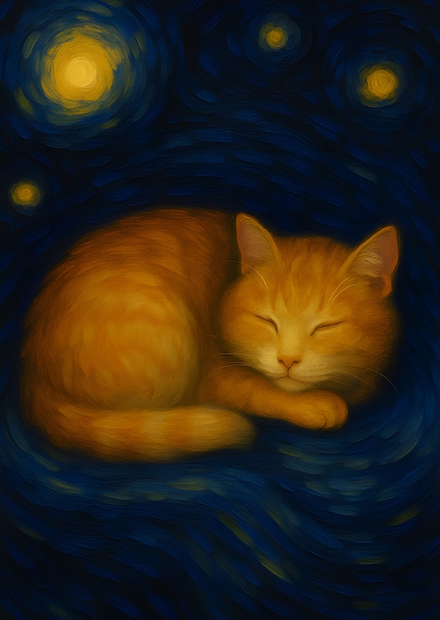 Cat Sleeping on a Starry Night