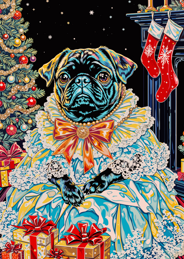 Regal Pug in Holiday Dress