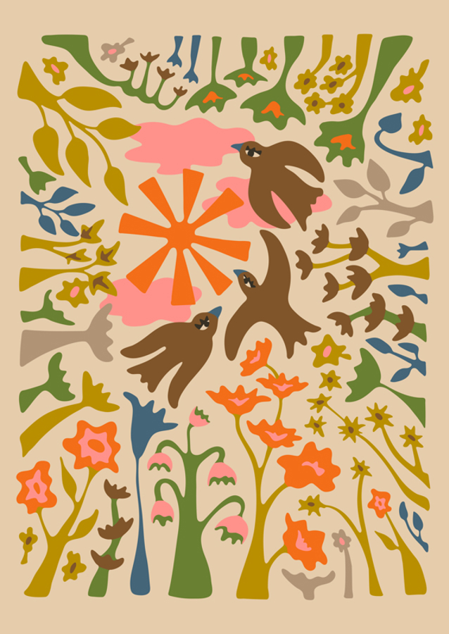 Garden Birds Retro Floral Warm
