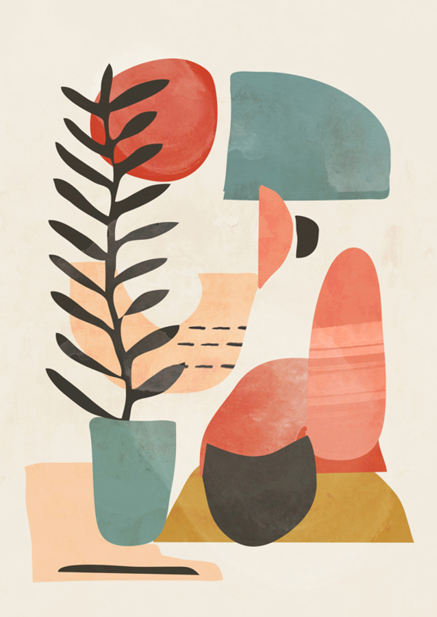 Geometric Shapes And A Stylized Plant,