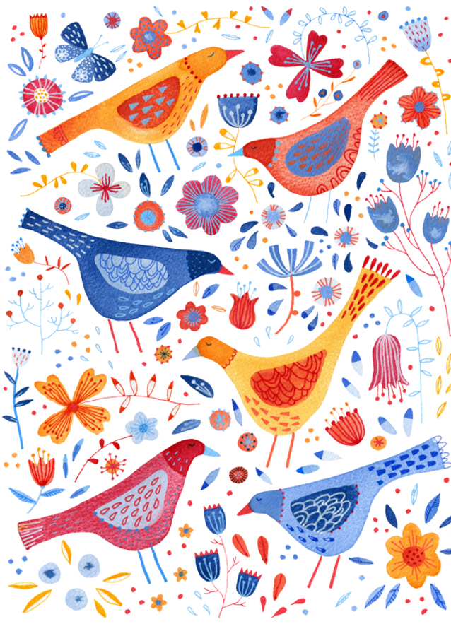 Birds In A Garden Of Flowers Red Yellow Blue