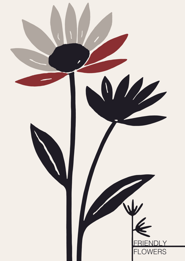 Abstract Flowers With Red And Gray Petals
