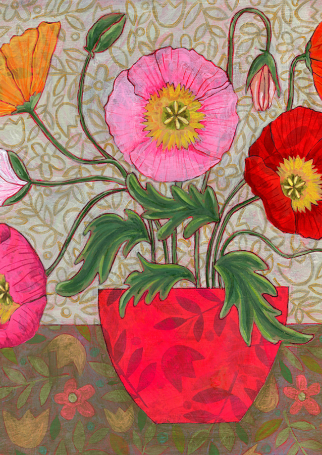 Colorful Poppies In A Red Vase