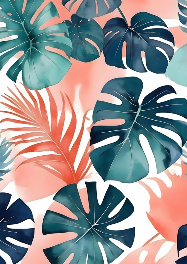 Teal And Coral Monstera Leaves