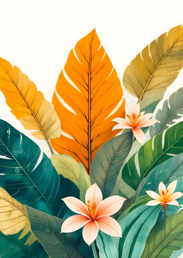 Tropical Leaves And Delicate Flowers