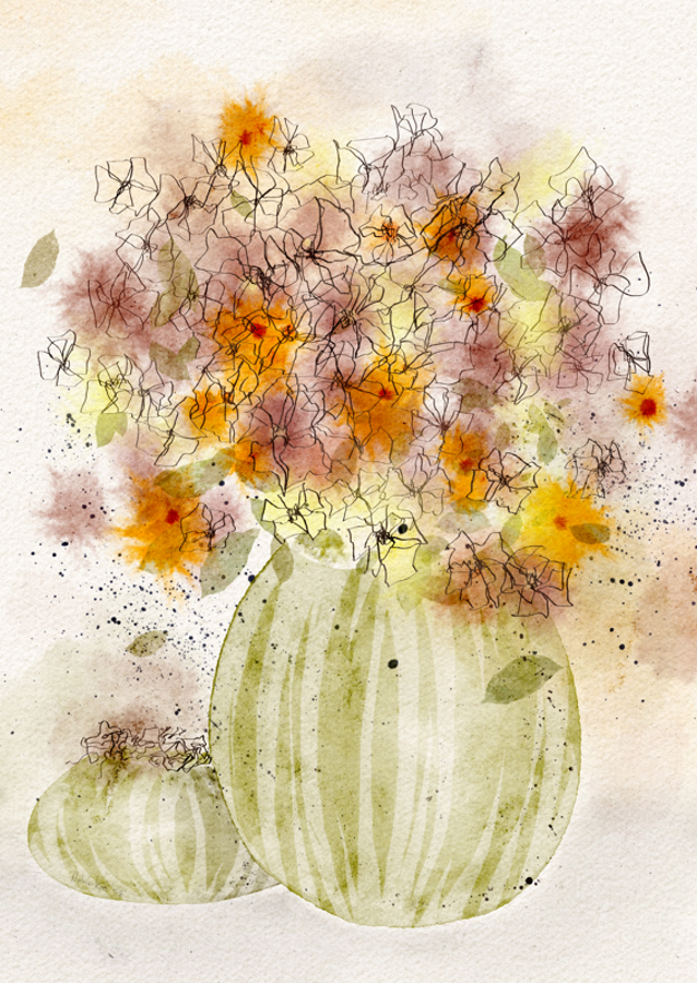 Orange and Yellow Flowers in a Striped Vase