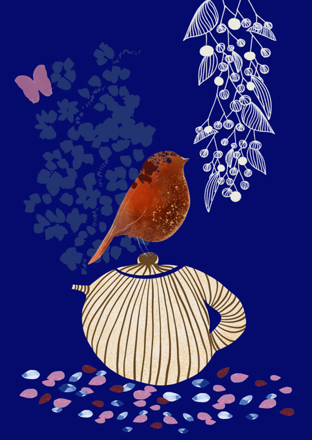 Red Bird Perched on a Striped Teapot