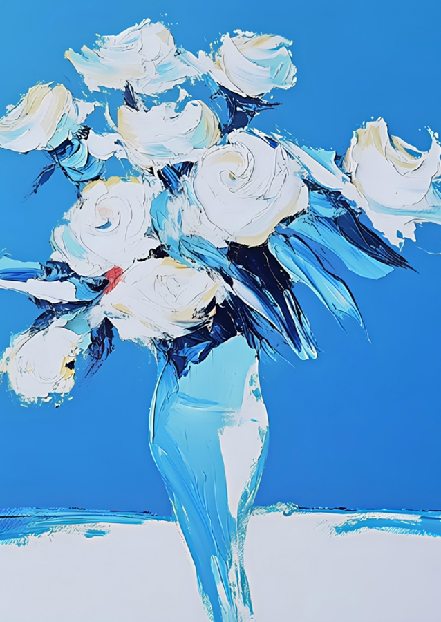 White Roses In a Blue Vase