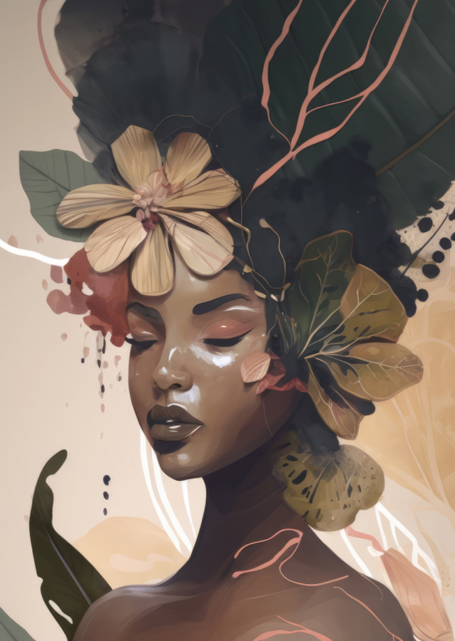 Woman Face Portrait with Floral Elements