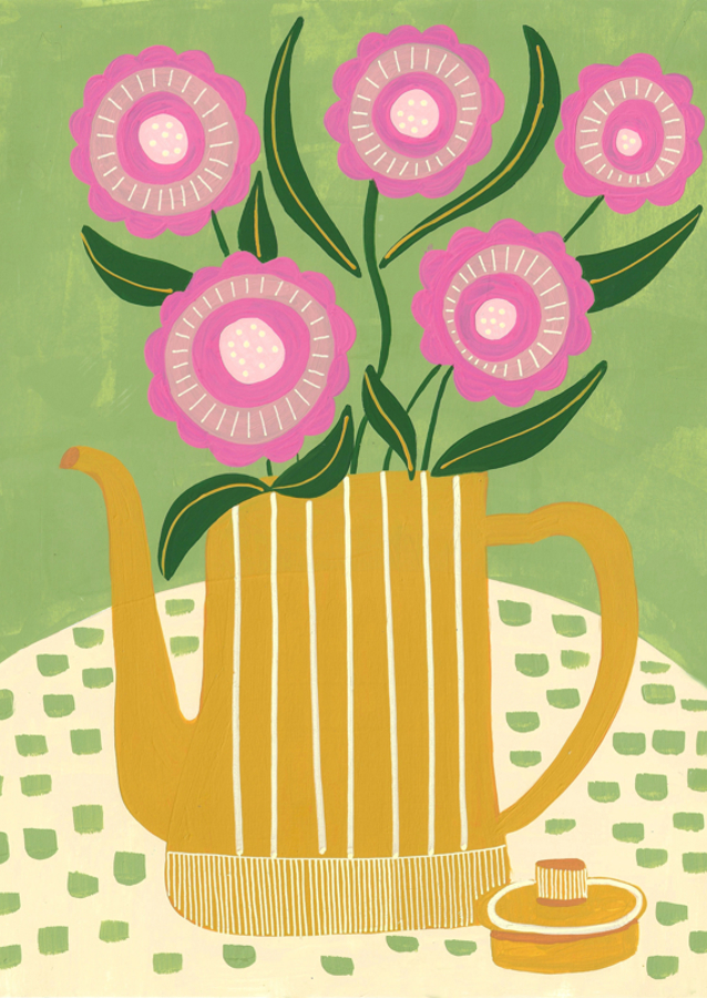 Pink Flowers In A Striped Yellow Teapot