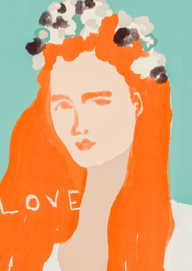 Woman with Orange Hair Adorned with Flowers