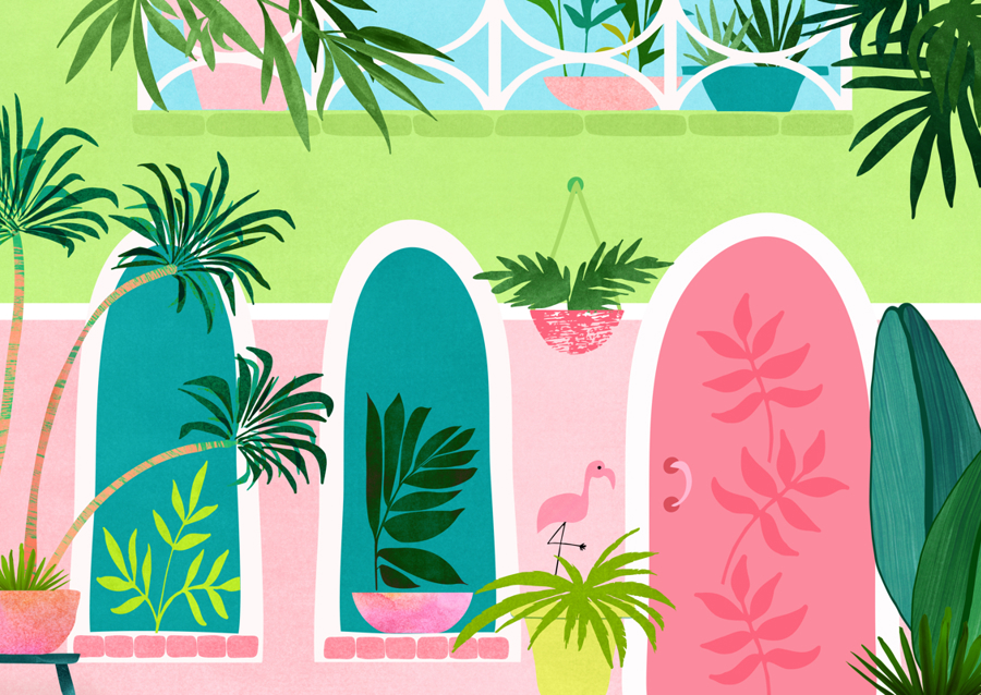 Garden Scene with Lush Green Plants Colorful Pots and a Flamingo