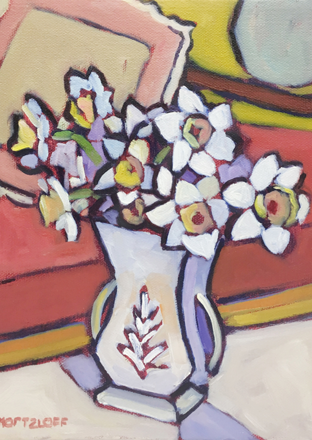 A Vase Of White And Yellow Flowers