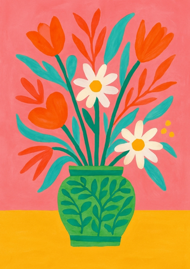 Colorful Flowers in a Decorative Green Vase