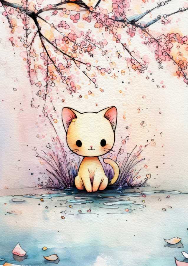 Akvarell macska a virágok között