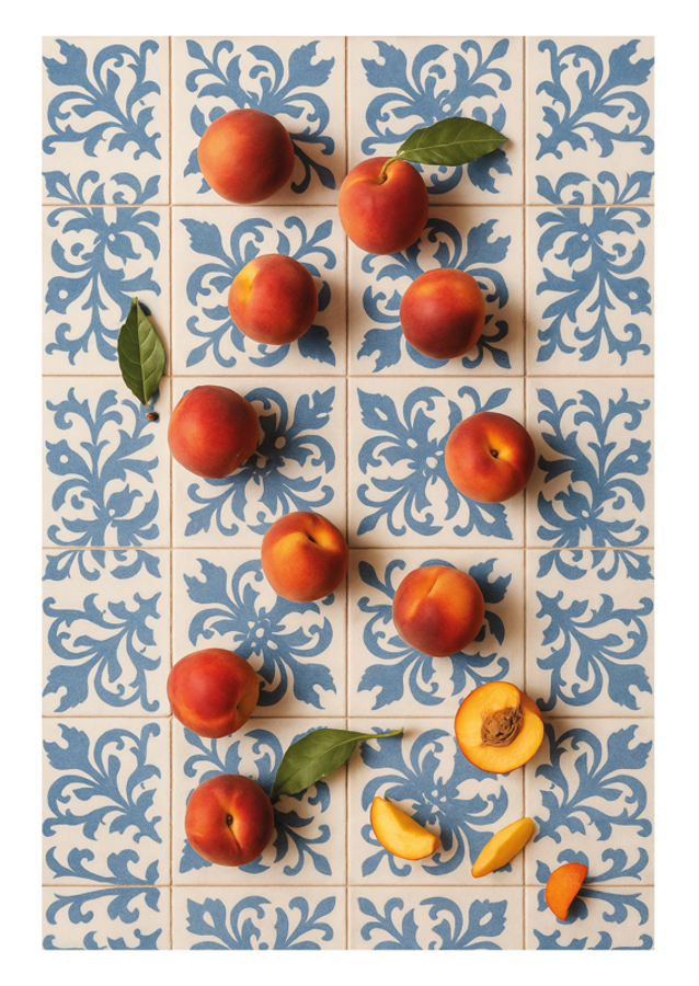 Peaches on Blue Tiles