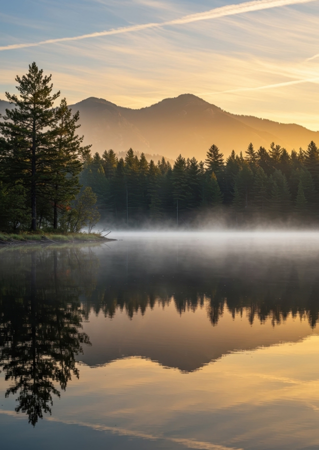 Sunrise Misty Forest Lake