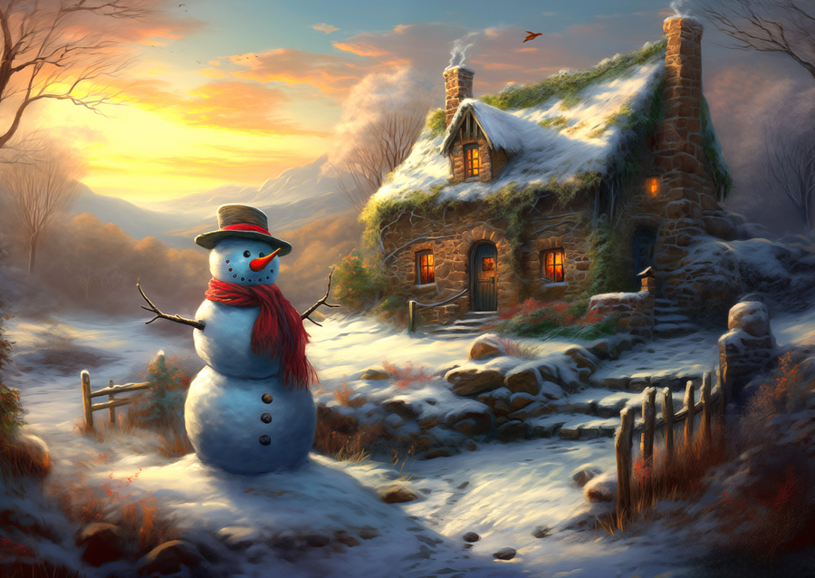Snowman by Winter Cottage