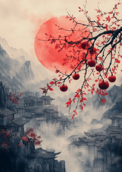 Poster: Serene Autumn Landscape with Red Moon and Lanterns - jont74804