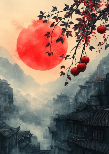 Poster: Serene Twilight: A Dreamy Landscape with a Crimson Sun - jont74804